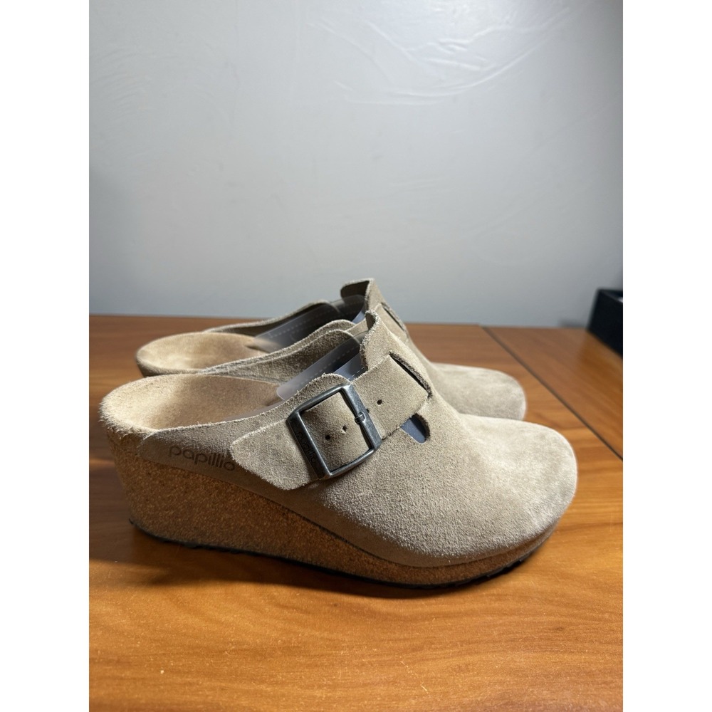 Birkenstock Papillio Fanny Wedge Suede Clogs Warm Sand EU 39 - Picture 5 of 8